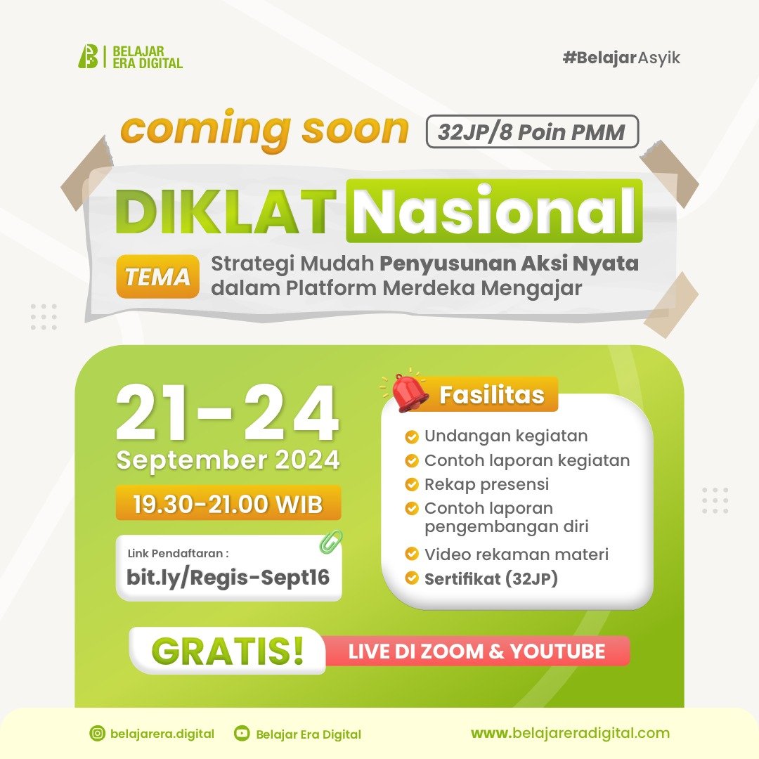 Diklat 32JP (8 Poin PMM) : Strategi Mudah Penyusunan Aksi Nyata dalam Platform Merdeka Mengajar (21-24 September 2024)